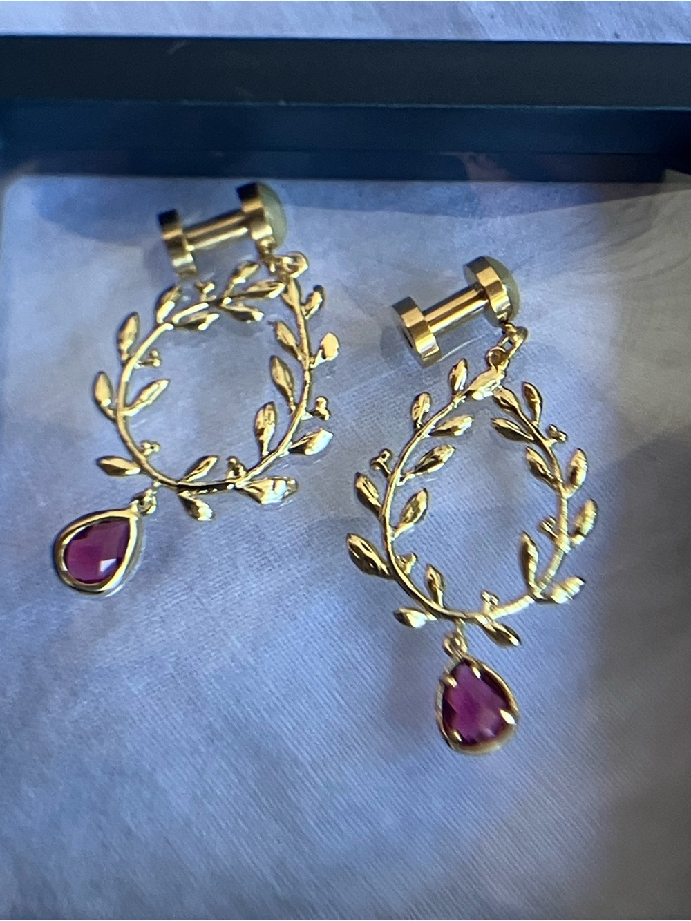Gold Laurel Drop Gauged 3mm Earrings with Pink Teardrop Stone